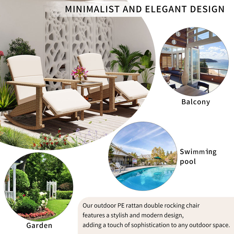 Adjustable Outdoor Wicker Double Rocking Chair with Coffee Table, Suitable for Backyard, Garden, Poolside.