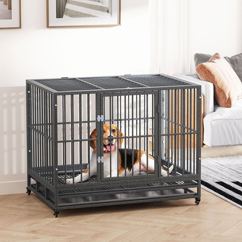 43" Heavy Duty Dog Crate Metal Cage Kennel with Lockable Wheels, Double Door and Removable Tray, Grey