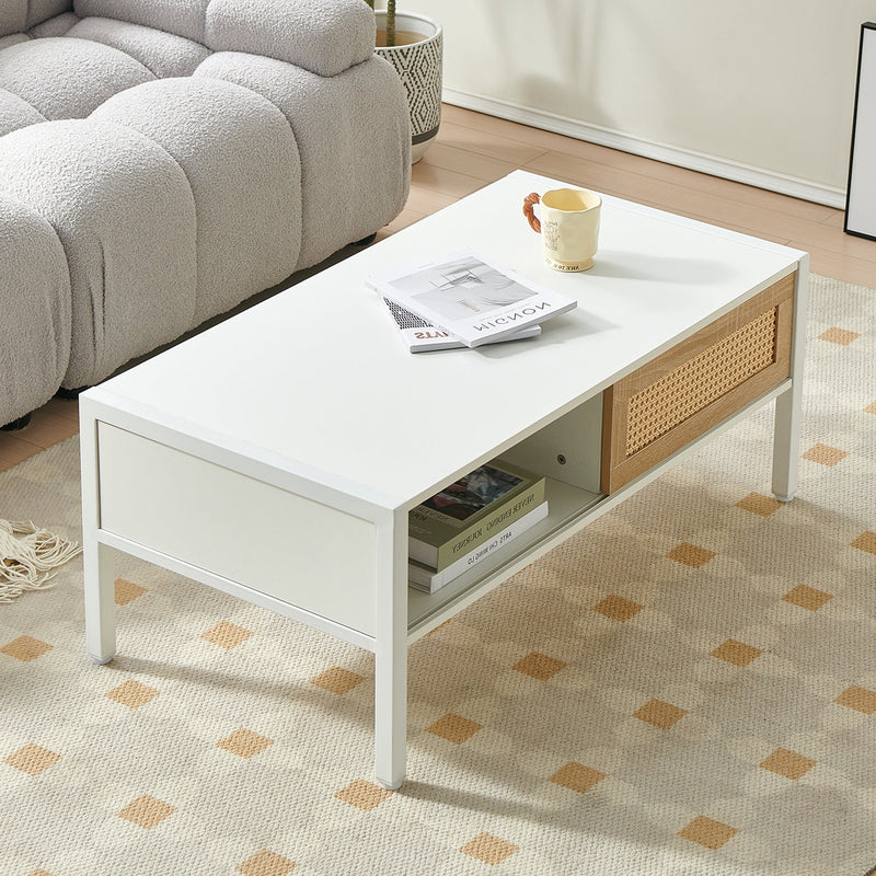 40.16" Rattan Coffee table, sliding door for storage, metal legs, Modern table for living room, white