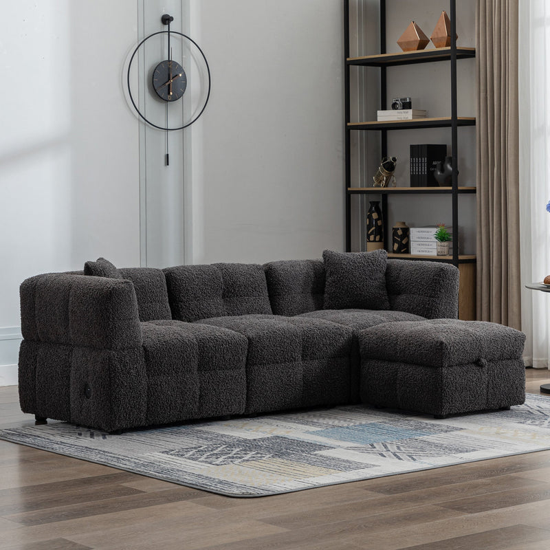 87.7" Sectional Sofa Cozy Teddy Fleece Fabric Sectional Sofa Couch with Two USB Ports a Movable Storage Ottoman and Two Lumbar Pillows for Living Room, Gray