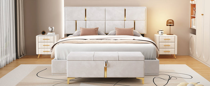 2-Pieces Bedroom Sets,Queen Size Upholstered Platform Bed with Hydraulic Storage System,Storage Ottoman with Metal Legs,Beige
