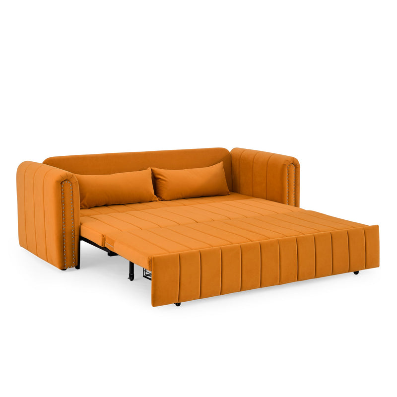 3 in 1 Pull-Out Bed Sleeper, Modern Upholstered 3 Seats Lounge Sofa & Couches with Rolled Arms Decorated with Copper Nails, Convertible Futon 3 Seats Sofabed with Two Drawers and Two Pillows