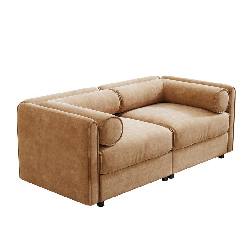 Stylish Camel Chenille 2-Seater Sofa with Storage Seat and Cylindrical Backrest