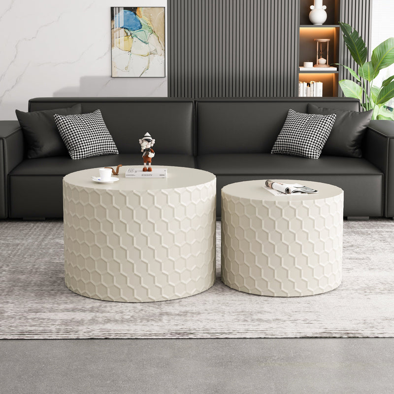 Walker Edison - Stylish and Minimalist Nesting Coffee Table Set with Honeycomb Design, Modern Round Coffee Table, Drum Circle Coffee Table  for Living Room, Bedroom, Beige(Set of 2 Pieces)