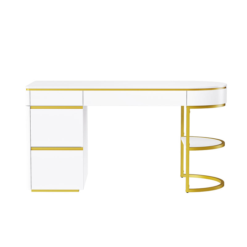 60"Modern Executive Desk,White Curved Computer Desk with Gold Metal Legs,3-Drawers Home Office Desk,Writing Desk with 1 Storage Cabinet for Home Office,Living Room,Gold+White