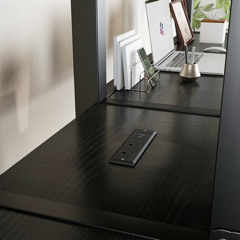 Twin Over Twin Metal Loft Bed with Double Desk and Wardrobe and Shelves with Electrical Outlet for Space Saving and Noise Reduction,Black