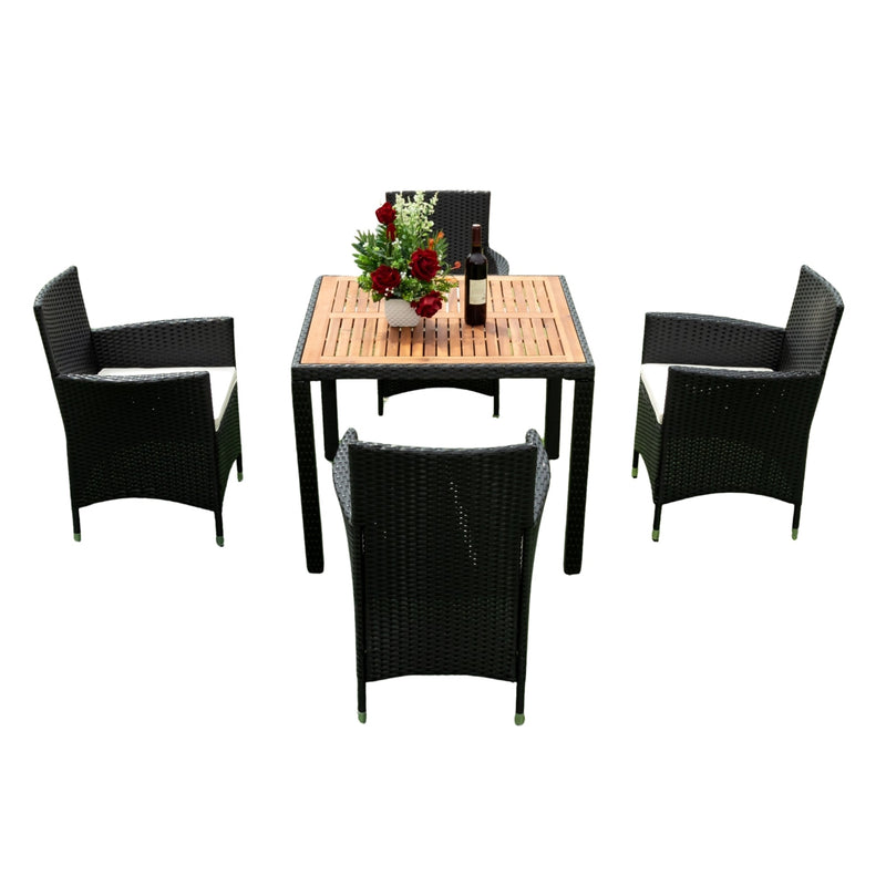 Walker Edison | 5 piece Outdoor Patio Wicker Dining Set Patio Wicker Furniture Dining Set w/Acacia Wood Top Black Wicker + Creme Cushion