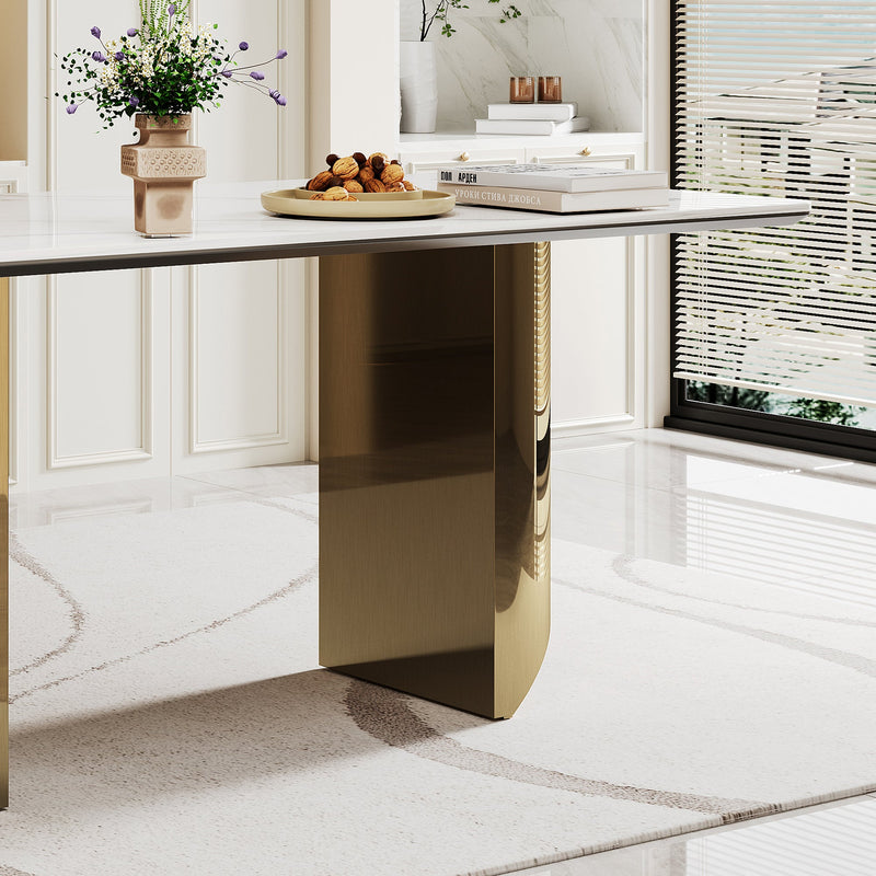 0.47" Thick Sintered Stone Composite Tempered Glass Top Dining Table with Stainless Steel Base