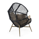 Cori Outdoor Patio Black Faux Wicker Egg Chair with Khaki Cushion, Weather-Resistant, Handwoven PE Rattan and Iron Frame