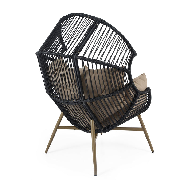 Cori Outdoor Patio Black Faux Wicker Egg Chair with Khaki Cushion, Weather-Resistant, Handwoven PE Rattan and Iron Frame