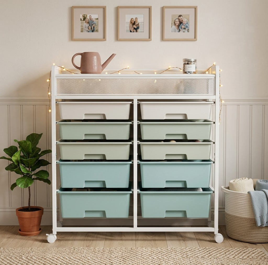 White Large Capacity 2-Row 10-Drawer Rolling Storage Cart, photo 2 of 10
