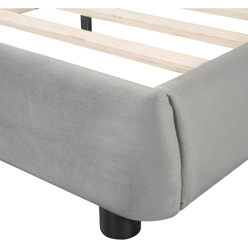 Queen Size Velvet Upholstered Platform Bed,Solid Frame and Stylish Curve-shaped Design, Gray