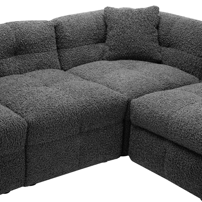 87.7" Sectional Sofa Cozy Teddy Fleece Fabric Sectional Sofa Couch with Two USB Ports a Movable Storage Ottoman and Two Lumbar Pillows for Living Room, Gray