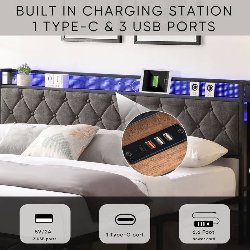 Walker Edison | Upholstered Storage Charging Station and LED Lights Bed