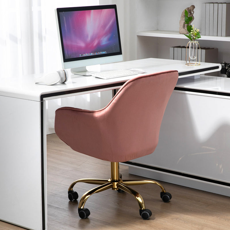 360 Pink Velvet Swivel Chair With High Back, Adjustable Working Chair With Golden Color Base