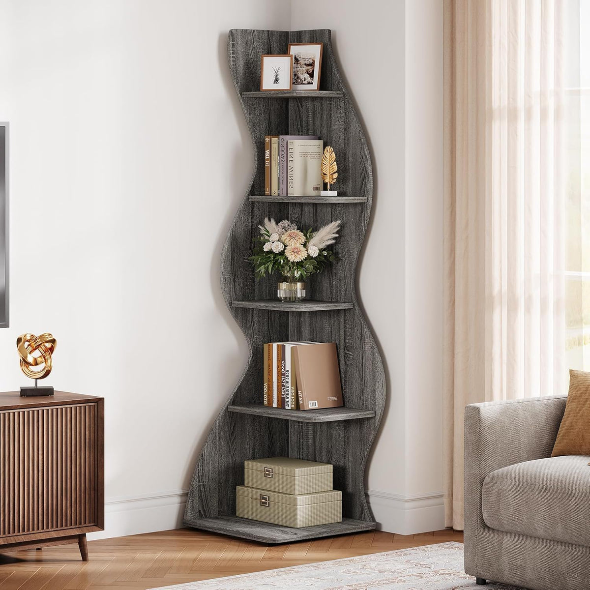 5 Tier Wavy Corner Bookshelf And Plant Stand For Living Room, photo 12 of 24