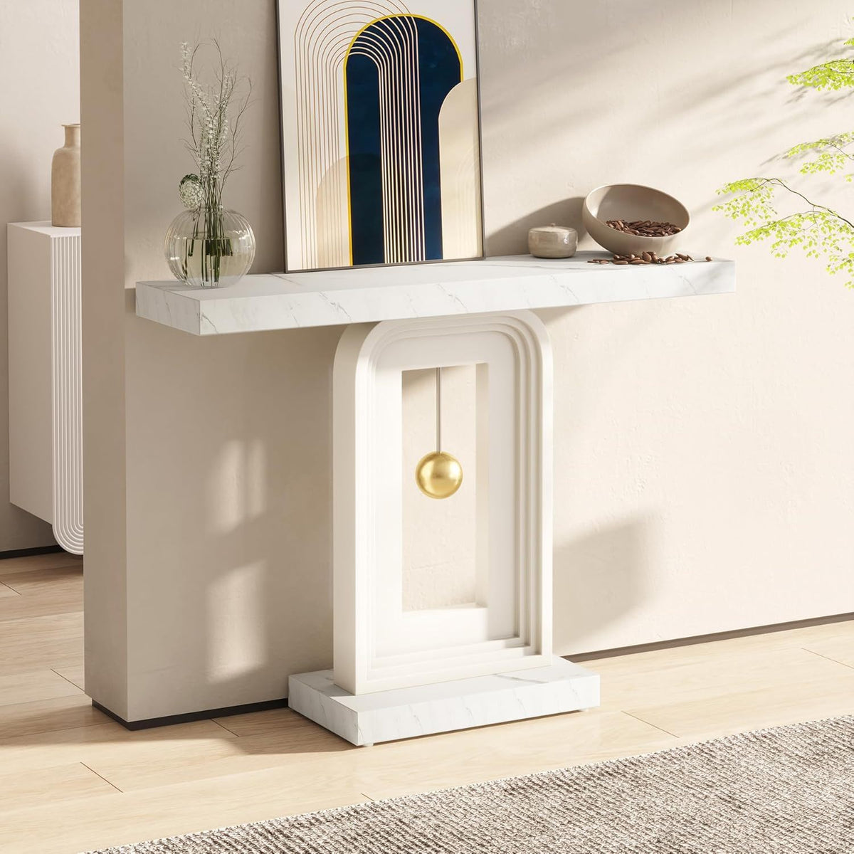 Console Table With Geometric Base For Living Roo - White / Gold, photo 2 of 6