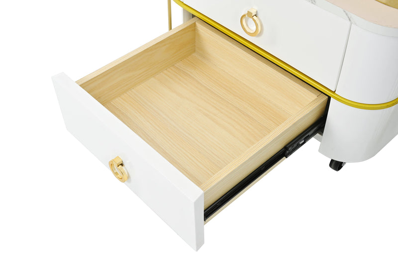 2-in-1 Square Nesting Coffee Table with Wheels & Drawers, Stackable Side Table with High Gloss Marble Grain Top, End Table Set with Brown Tempered Glass for Living Room, White