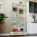 Glass Display Cabinet With LED Lights, Tempered Glass Doors, Large Drawers, 2 Door Storage Case With 4 Shelves - Natural / White by HouseOfZazla