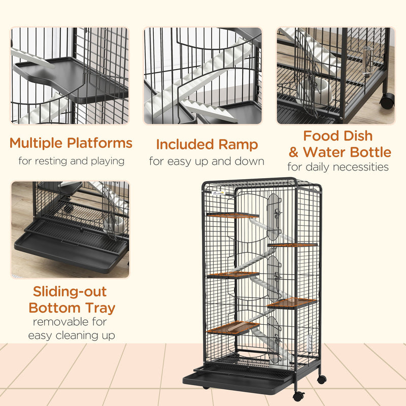 6 Level Small Animal Cage for Dwarf Rabbits, Pet Minks, and Chinchillas w/ Removable Tray, Ramp, Water Bottle, Food Dish, Small Pet Cage for Indoor Use, Black
