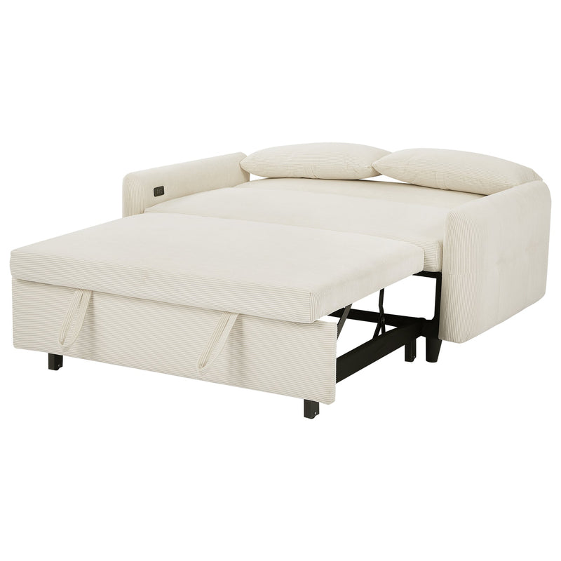 57.48" Pull-out Sofa Bed Convertible Couch 2 Seat Loveseat Sofa Modern Sleeper Sofa with Two Throw Pillows and USB Ports for Living Room, Beige