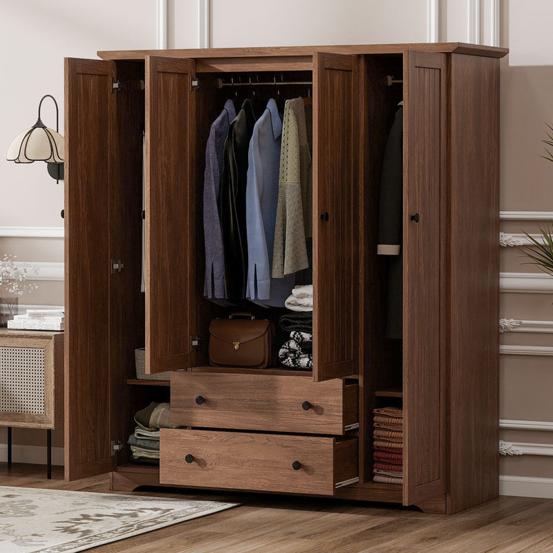 4 Door Wardrobe Armoire Closet with 2 Drawers, Brown
