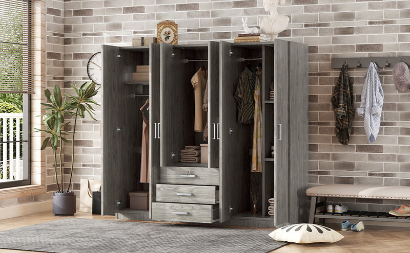 6-Doors Wooden Wardrobe Storage for Bedroom, with Big Drawers, Gray