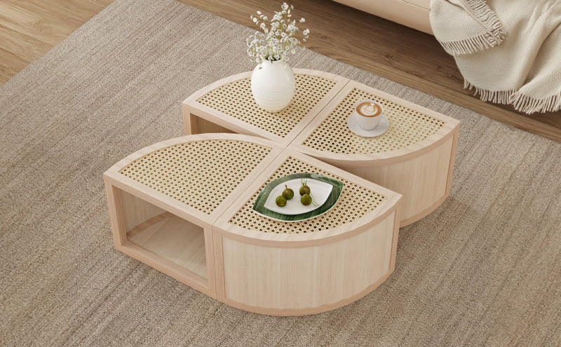 Walker Edison - Round to Square Block Modular Coffee Table Light Natural Rattan with Storage 4 Piece