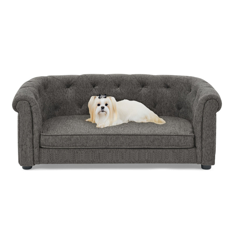 Contemporary Dark Grey Pet Sofa with Arc-Shaped Backrest and Armrests, Breathable Linen and Cozy Soft Cushion for Dogs