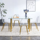 A modern minimalist style glass dining table. Transparent tempered glass tabletop with a thickness of 0.3 feet and golden metal legs. Suitable for restaurants and living rooms. 51"x31.4"x29.5"