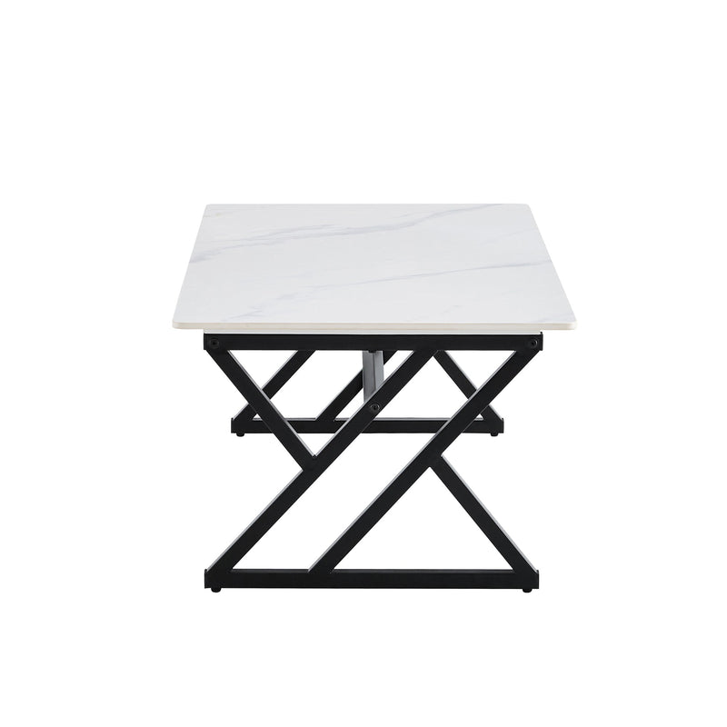 A modern minimalist style white marble patterned coffee table with black metal legs. Computer desk. Game table. Tea table. CT-XX