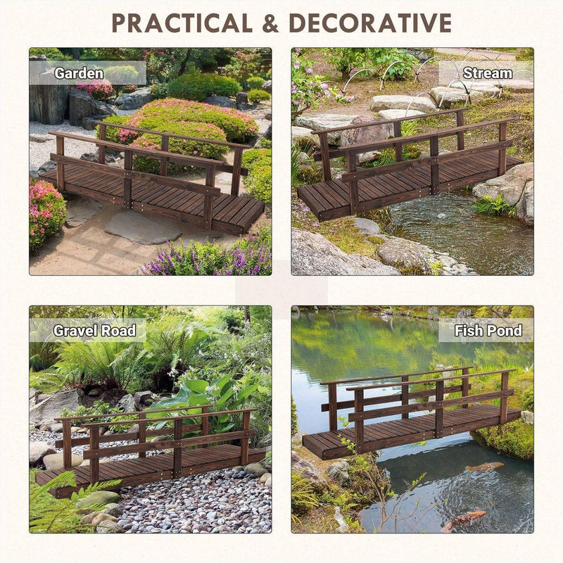 7' Wooden Garden Bridge with Safety Rails, Backyard Footbridge for Ponds, Creeks, Streams, Stained Finish