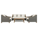 4-Piece Rattan Outdoor Conversation Sofa Set with Wooden Coffee Table and Cushions Seating 5 People for Patio, Garden and Backyard (Grey)