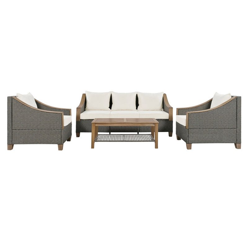 4-Piece Rattan Outdoor Conversation Sofa Set with Wooden Coffee Table and Cushions Seating 5 People for Patio, Garden and Backyard (Grey)