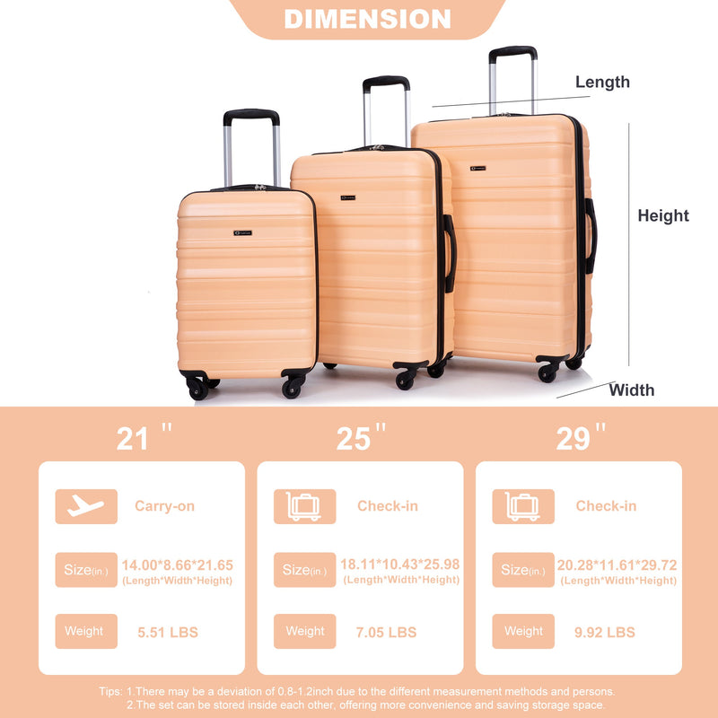 3 Piece Luggage Sets PC Lightweight & Durable Expandable Suitcase with Two Hooks, Spinner Wheels, TSA Lock, (21/25/29) Peach