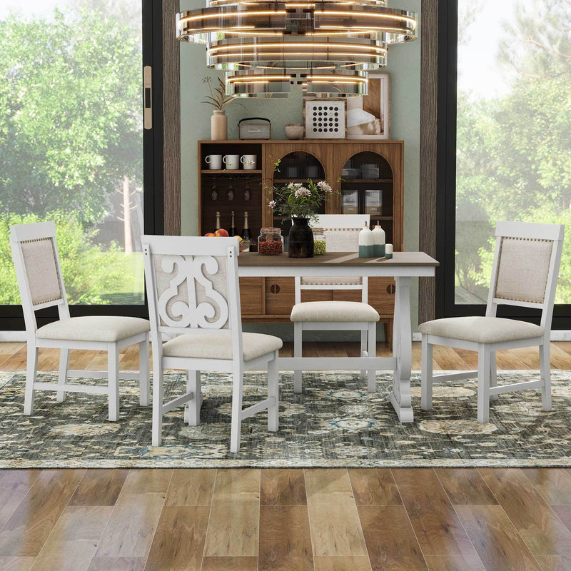 5-Piece Retro Dining Set, Rectangular Wooden Dining Table and 4 Upholstered Chairs for Dining Room and Kitchen (Brown+White)