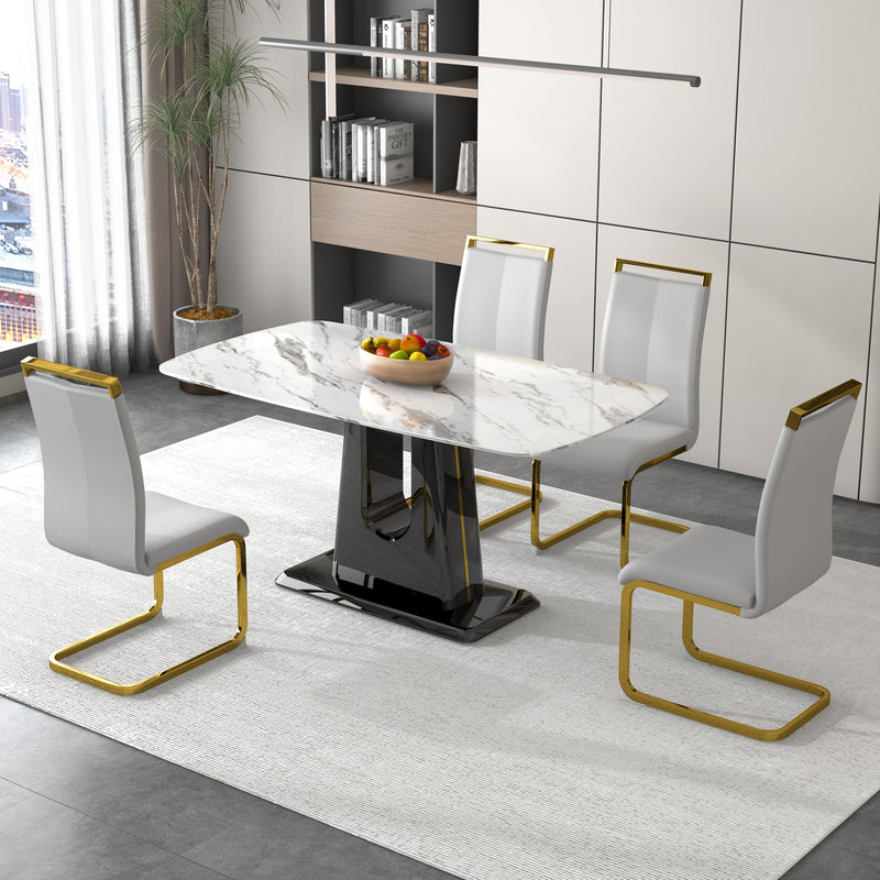 A modern, minimalist, and luxurious dining table with a white imitation marble tabletop and MDF legs with U-shaped brackets. Tables in restaurants and living rooms 63"x35.4"x30 F-U