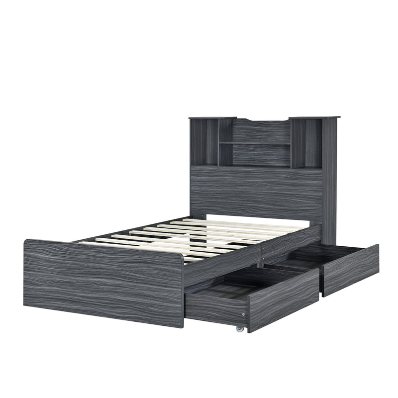 Walker Edison | Twin Size Storage Platform Bed Frame with 4 Open Storage Shelves and 2 Storage Drawers, LED Light, Gray