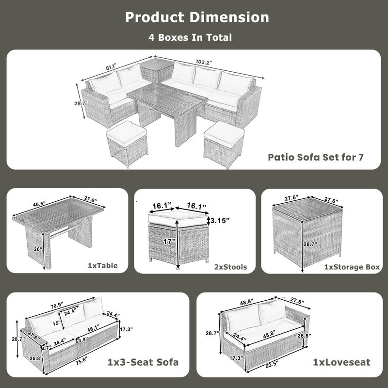 Walker Edison - Outdoor 6-Piece All Weather PE Rattan Sofa Set, Garden Patio Wicker Sectional Furniture Set with Adjustable Seat, Storage Box, Removable Covers and Tempered Glass Top Table, Beige