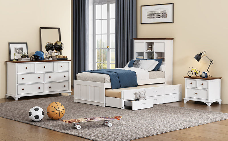 3 Pieces Wooden Captain Bedroom Set Twin Bed with Trundle, Nightstand and Dresser, White + Walnut