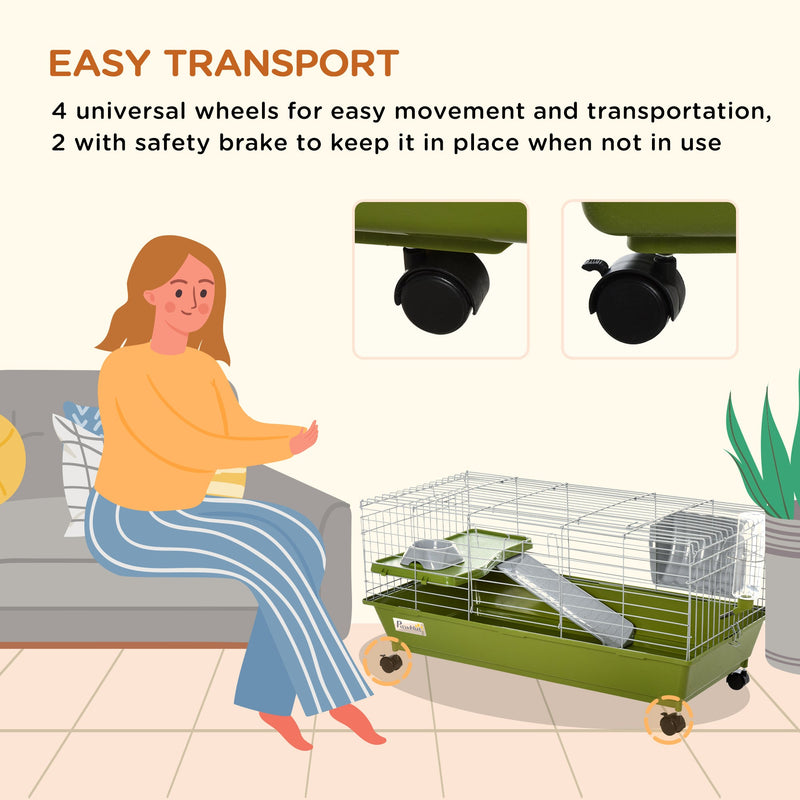 35"L Small Animal Cage, Rolling Bunny Cage, Guinea Pig Cage with Food Dish, Water Bottle, Hay Feeder, Platform, Ramp for Ferret Chinchilla, Green