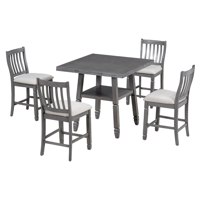 5-Piece Counter Height Dining Table Set in 2 Table Sizes with 4 Folding Leaves and 4 Upholstered Chairs for Dining Room (Gray+Beige Cushion)