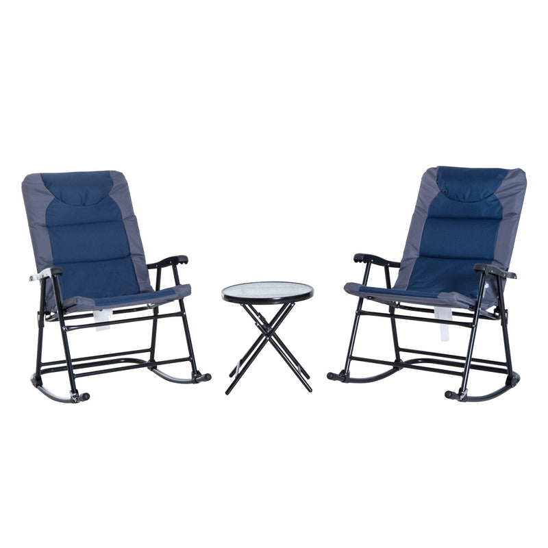 3 Piece Outdoor Patio Furniture Set with Glass Coffee Table & 2 Folding Padded Rocking Chairs, Bistro Style for Porch, Camping, Balcony, Navy Blue