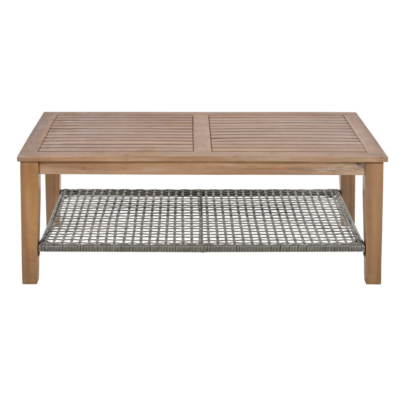 4-Piece Rattan Outdoor Conversation Sofa Set with Wooden Coffee Table and Cushions Seating 5 People for Patio, Garden and Backyard (Grey)