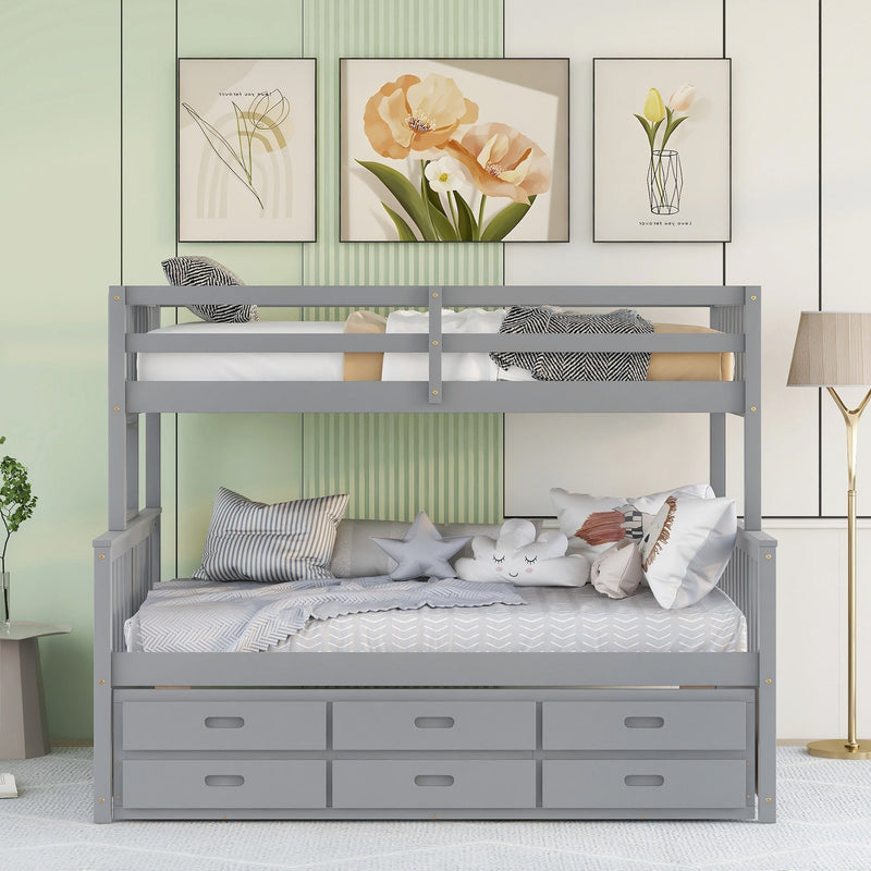 Twin-Over-Full Bunk Bed with Twin size Trundle, Separable Bunk Bed with Drawers for Bedroom - Gray