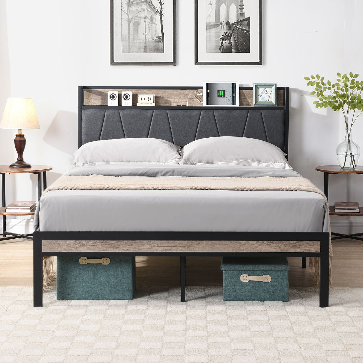 Modern Bed Frame With LED Lights, Upholstered Headboard, USB Charging, photo 9 of 25