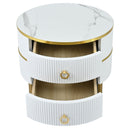 27.5" & 19.6" Stackable Coffee Table with 2 Drawers, Nesting Tables with Brown Tempered Glass and High Gloss Marble Tabletop, Set of 2, Round Center Table for Living Room, White