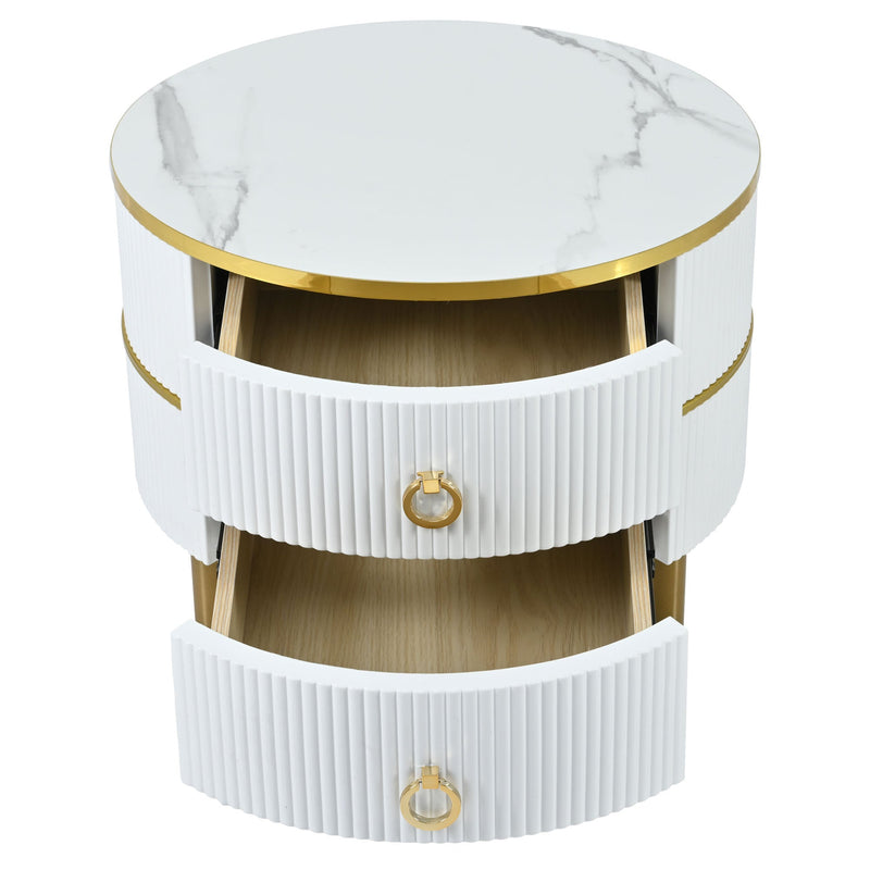 27.5" & 19.6" Stackable Coffee Table with 2 Drawers, Nesting Tables with Brown Tempered Glass and High Gloss Marble Tabletop, Set of 2, Round Center Table for Living Room, White