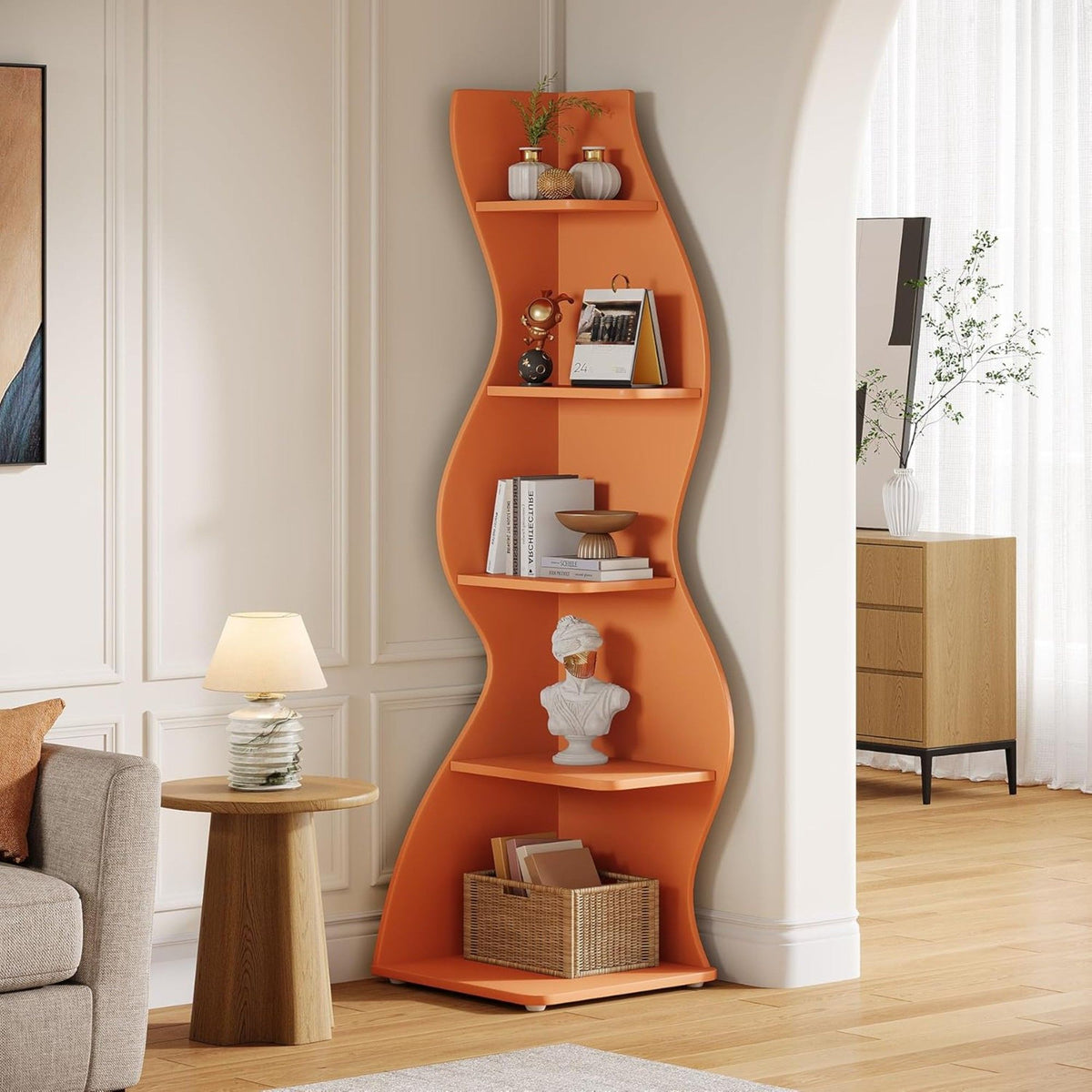 5 Tier Wavy Corner Bookshelf And Plant Stand For Living Room, photo 13 of 24