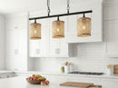 Elysian - 3 Lights Island With Natural Shade Farmhouse Chain Ceiling Lamp - Black / Rattan